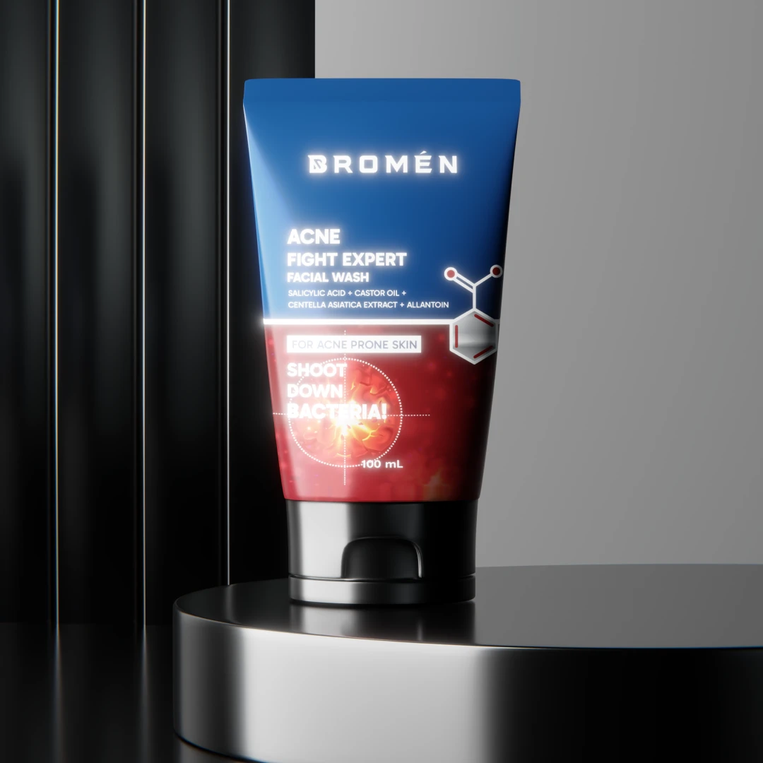 bromen fight expert facial wash front shiny