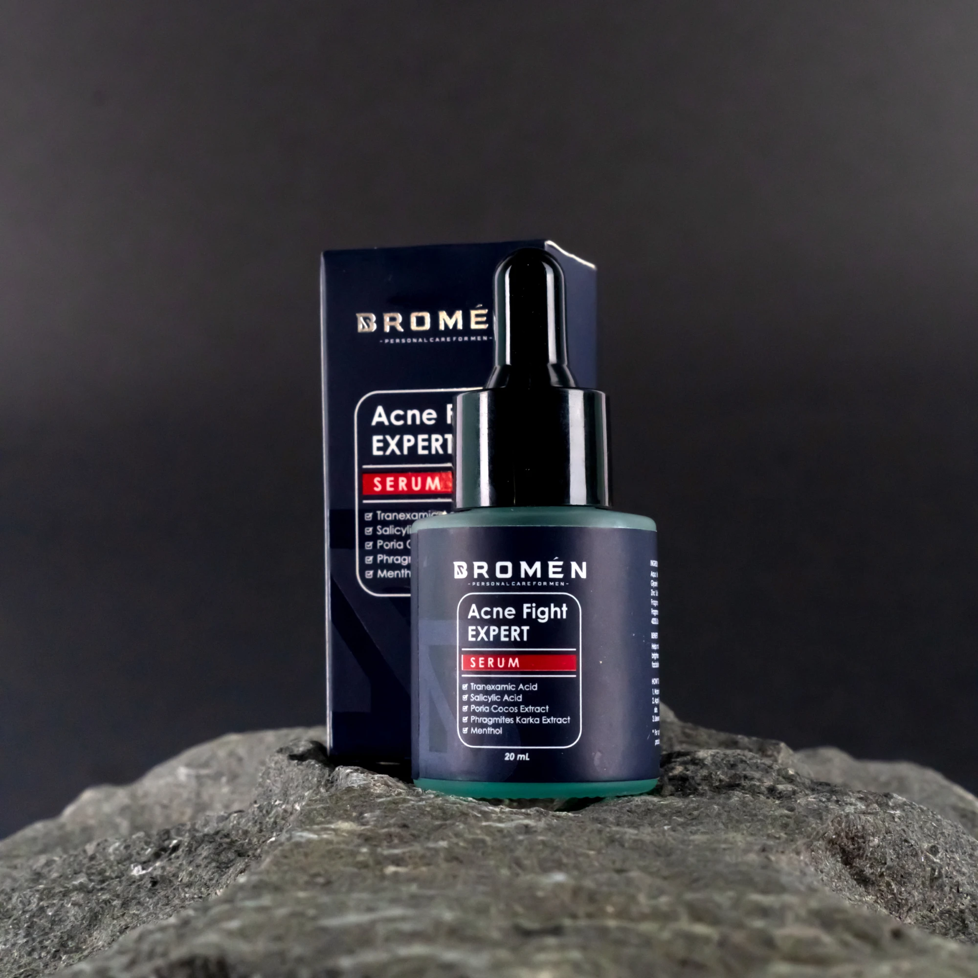 bromen acne fight expert serum with dark background